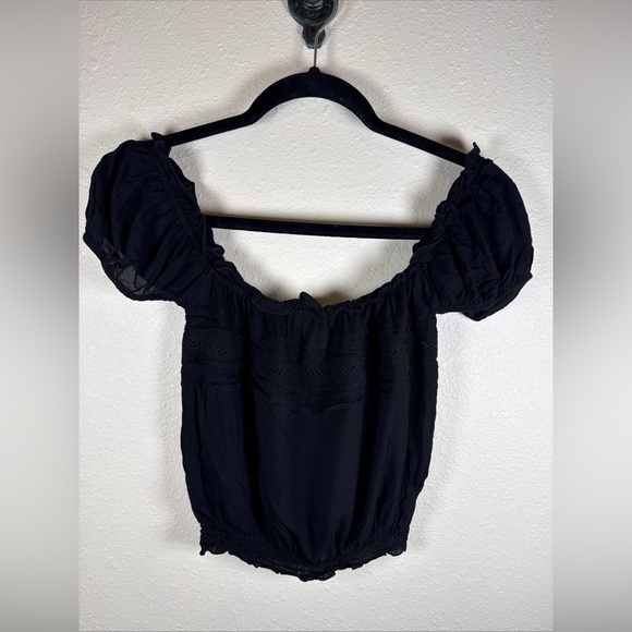 Auguste The Label Tops - Auguste Black Peasant Crop Top 4 Boho Cottage Ruffle Off Shoulder Festival
